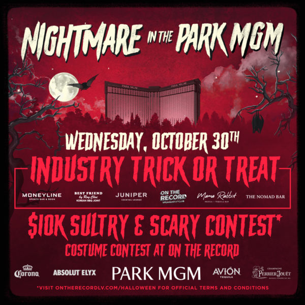 Halloween-themed promo for “Nightmare in the Park MGM,” featuring event details, spooky red artwork, and logos for participating venues.